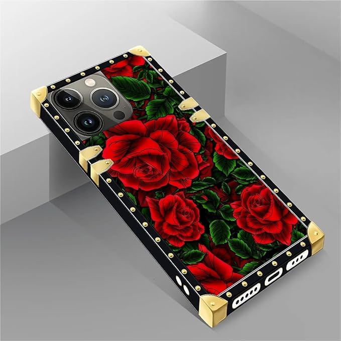 Compatible with iPhone 14 Pro Case, Vector Red Rose Green Leaf Luxury Golden Decoration for Girl Women Soft TPU Shockproof Protective Hard PC Back for iPhone 14 Pro