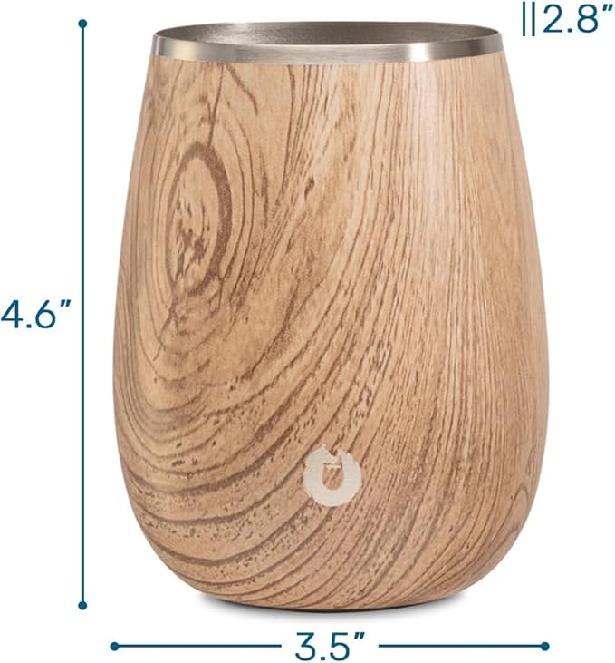 SNOWFOX Premium Vacuum Insulated Stainless Steel Grand Pinot Wine Glass, Chilled Wine Stays Icy Cold, Stemless Cocktail Glasses, Elegant Home Entertaining, Classic Barware, 12oz, Natural Teak