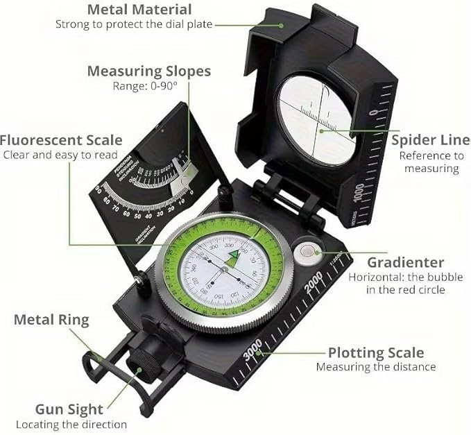 Multifunctional Military Aiming Navigation Compass Compass | IP65 Military Compass with Inclinometer | Impact Resistant | Measure | Height and Slope for Hiking | Camping