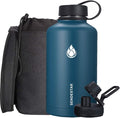 SENDESTAR 64 oz Water Bottle Double Wall Vacuum Insulated Leak Proof Stainless Steel Beer Growler +2 Lids—Wide Mouth with Flat Cap & Spout Lid Includes Water Bottle Pouch (Cobalt)