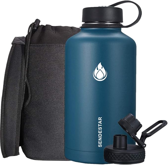 SENDESTAR 64 oz Water Bottle Double Wall Vacuum Insulated Leak Proof Stainless Steel Beer Growler +2 Lids—Wide Mouth with Flat Cap & Spout Lid Includes Water Bottle Pouch (Cobalt)