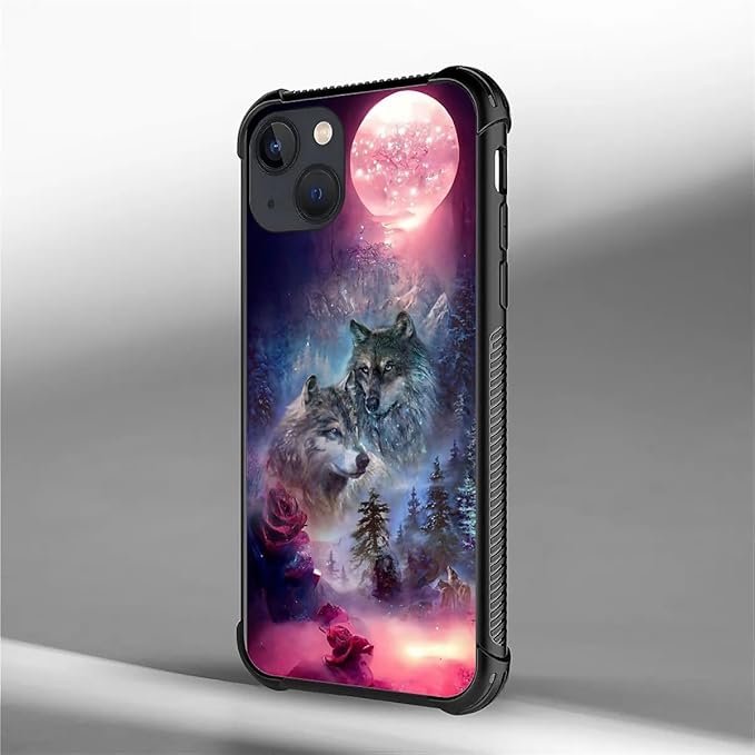 for iPhone 13 Mini Case, Star Two Wolfs Howling Pattern Graphic Design Girl Boy Soft Silicone Hard Acrylic Shock Protection for iPhone 13 Mini