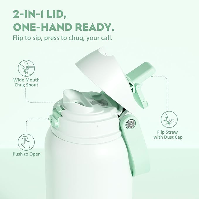 POWCAN 40 oz Metal Water Bottle with Straw for School: One-hand Push Button Lid, Leakproof, Keep Cold 24Hrs, BPA-Free, Insulated Stainless Steel Flask for College, Sports, Gym, Workouts (Mint Green)