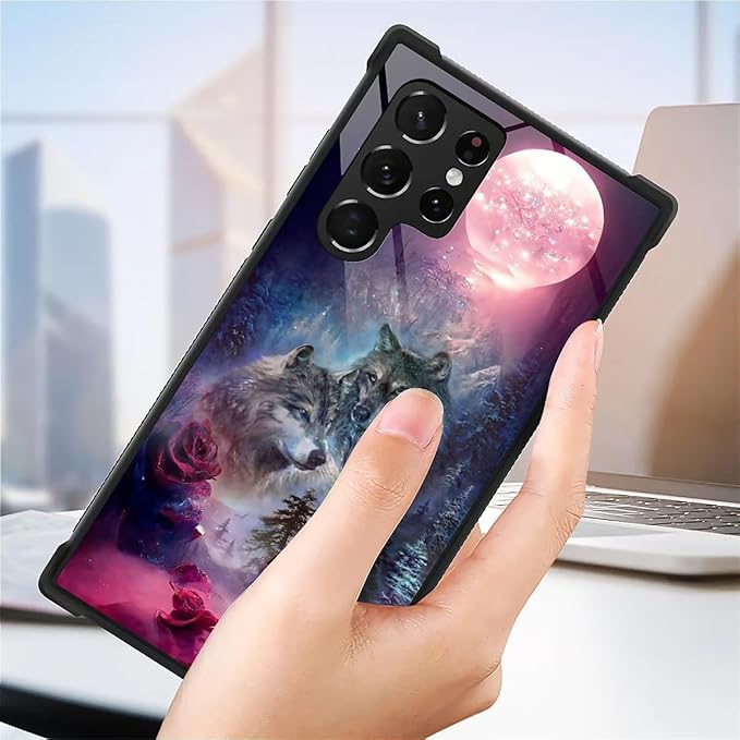 for Samsung Galaxy S22 Ultra Case, Star Two Wolfs Howling Pattern Graphic Design Girl Boy Soft Silicone Hard Acrylic Shock Protection for Samsung Galaxy S22 Ultra
