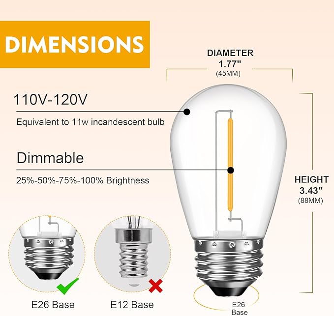 GvvooHome 48 Pack LED S14 Replacement Light Bulbs, Shatterproof Outdoor 1 Watt to Replace 11Watts String Incandescent Bulb, Dimmable, E26 Regular Medium Screw Base, 2200K Warm White