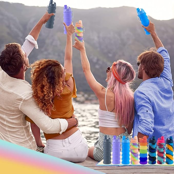 Collapsible Water Bottles 4 pack Travel Water Bottle Portable Hiking Water Bottle with Leak proof Twist Cap 500ML Reusable BPA Free Silicone Water Bottles. (Black+Purple+Blue+Pink)
