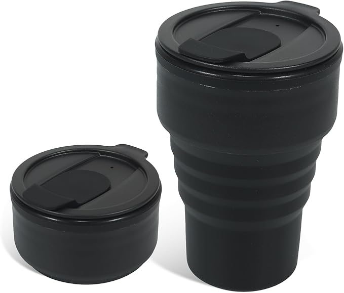 Foldable Silicone Water Bottle 13oz - Collapsible Travel Cup, BPA-Free, Leak-Proof - Portable Reusable Drinking Bottle for Camping, Hiking, Gym, Office - Black