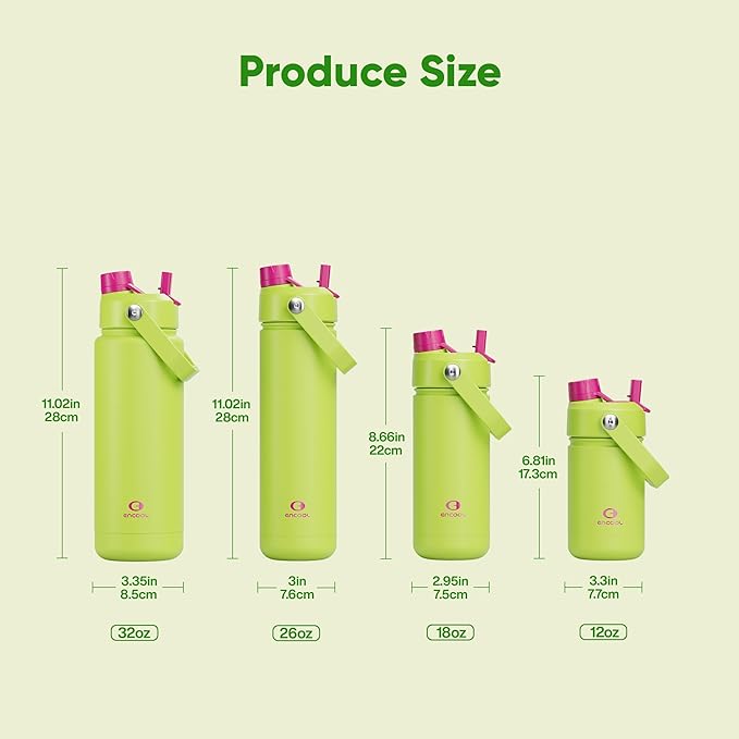 ENCOOL Insulated Water Bottle with Straw Stainless Steel Water Bottle, Leak-Proof, BPA-Free, Double Wall Vacuum Keeps Cold for 24 Hours for Sports, Travel, School (32 oz, Acid Green)
