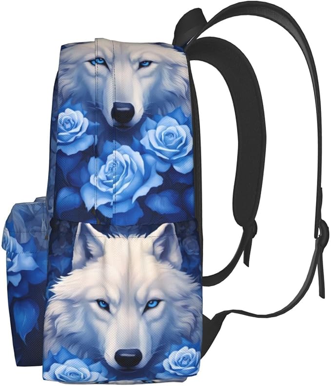 cfpolar 17 Inch Backpack Blue Rose Wolf Laptop Bag Shoulder Bag School Bookbag Casual Daypack For Boys Girls