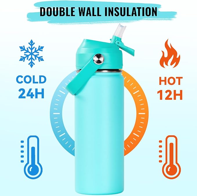 Fijinhom 18oz Insulated Stainless Steel Water Bottle, Wide Mouth Double Wall Vacuum, Silicone Straw, Sweat & Leak Proof, BPA Free Insulated Water Flask for Travel, Keep Cold 24h Hot 12h, Sky