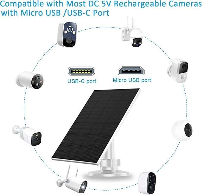 2W Solar Panel for Security Camera Outdoor, USB/USB-C Charger with IP65 Waterproof, 360° Adjustable Mount & 7.2ft Cable, Compatible with Rechargeable Battery Cameras (2 Pack, White)
