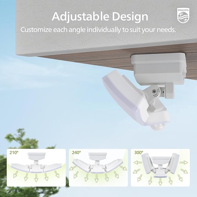 Philips 3600LM Solar Security Lights, 5000K Waterproof Dimmable LED Motion Sensor Outdoor Lights, 3 Adjustable Heads w/16ft Cable, Separate Solar Panel with 3 Modes Solar Flood Lights for Yard, Garage