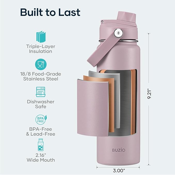 BUZIO 24 oz Water Bottle Insulated, Leakproof Stainless Steel Flask (Cold for 48 Hrs), Wide Mouth BPA-Free Metal Thermo Hydro Canteen with 2 Lids, Purple