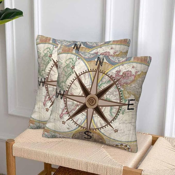 Nautical Compass Throw Pillow Covers 18x18 Historical World Map Earth Exploration Vintage Set of 2 Pillow Cases Square Velvet Outdoor Pillowcases Decorative for Home Bed Sofa Couch Hotel