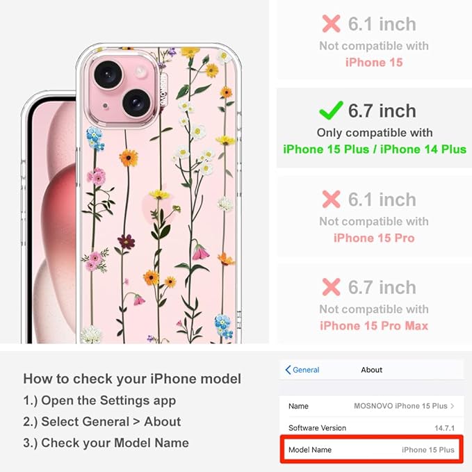 MOSNOVO Case for iPhone 15 Plus/iPhone 14 Plus, [Buffertech 6.6ft Military-Grade Drop Protection] [Anti Peel Off Tech] Clear TPU Bumper Phone Case Cover Design - Wildflowers