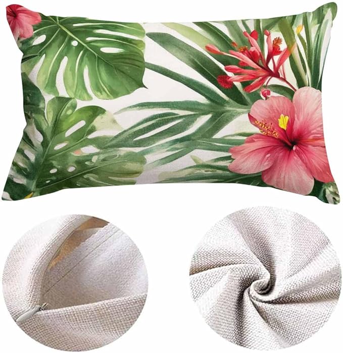 EKOBLA Watercolor Tropical Floral Pillow Cover Hawaii Palm Tree Hibiscus Square Cotton Linen Decorative Cushion Case for Couch Sofa Chair Bed 12x20 Inches