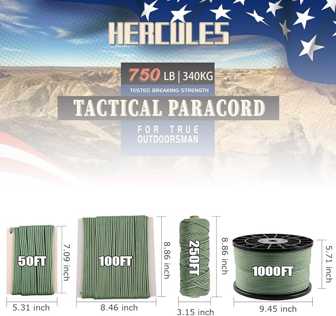 HERCULES 750lb Paracord 4mm 11 Strands Tactical Parachute Cord, 50' 100' 250' 1000' Utility Rope for Camping, Survival, Outdoor Gear (Olive Green, 250FT)