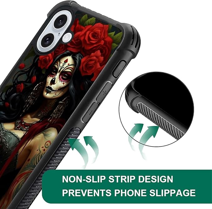 for iPhone 16 Case, Day of The Dead Halloween Woman Pattern Graphic Design Girl Boy Soft Silicone Hard Acrylic Shock Protection for iPhone 16