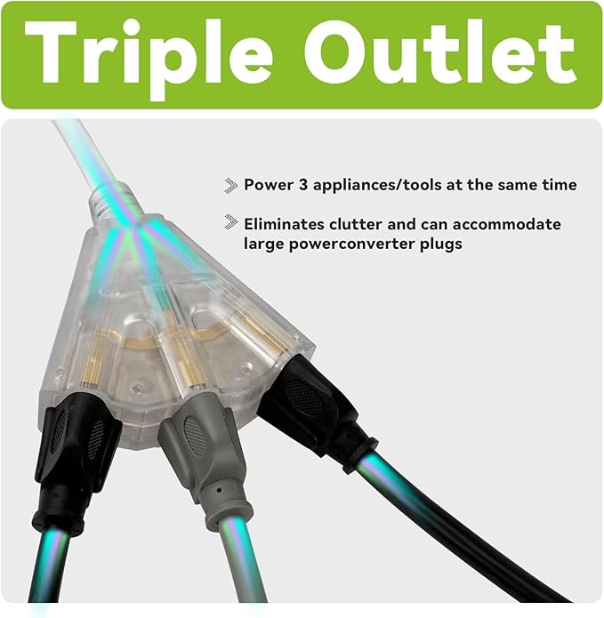 EP 50FT 12 Gauge Heavy Duty Extension Cord, 15A 125V 1875W, 3 Outlet Indoor/Outdoor Power Cord with Lighted End, 12/3 SJTW Weatherproof White, ETL Listed