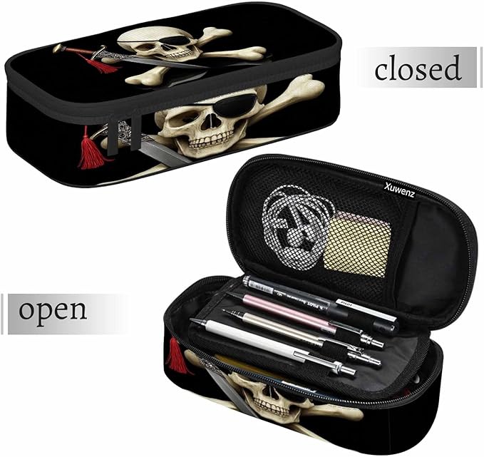 Skull Pirate Pencil Case Crossbones Eye Halloween Day Of The Dead Black Pencil Bag Pouch Box Organizer for College School Students Boy Girl