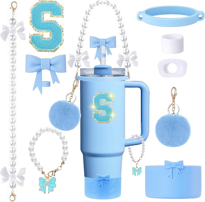9pcs Stanley Cup Accessories Set- for 30oz 40oz Tumblers with Handle - Bule Kit Includes Bow Straw Topper and Boot, Charm, Pearl Handle Strap & Stickers - Aesthetic Girl Gifts (S)