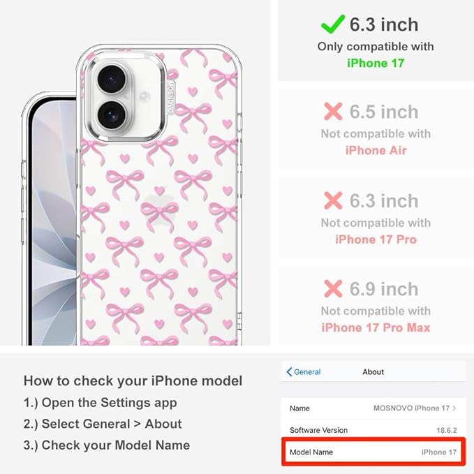 MOSNOVO for iPhone 17 Case | Military Grade 6.6ft Drop Tested | Camera Control | Clear with Bowtiful Love Design