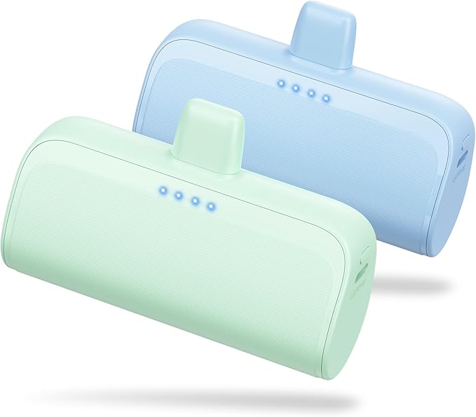 [2 Pack]Mini Portable Charger for iPhone,5200mAh Ultra-Compact Fast Charging Power Bank Cordless Small Battery Pack Compatible with iPhone 14/14 Pro Max/13/13 Pro/12/11/XR/8/7(Light Green+Light Blue)