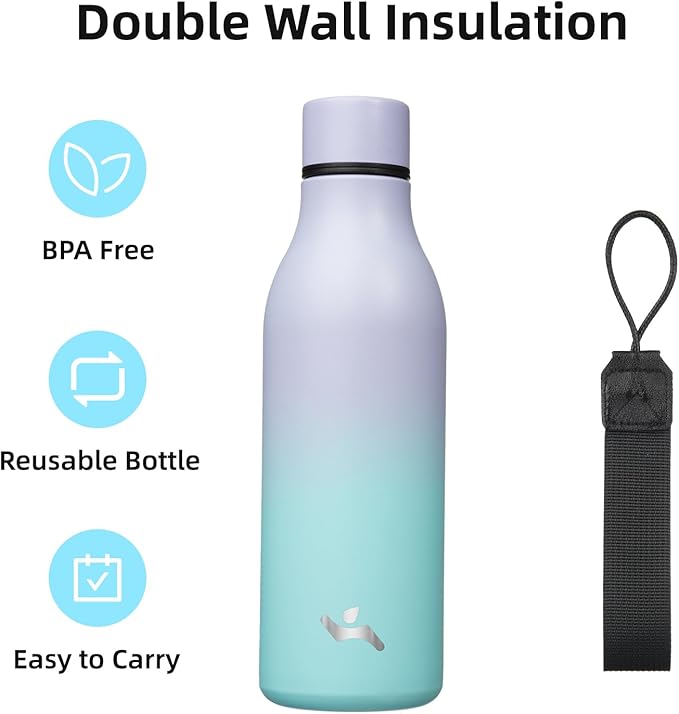 Konokyo Insulated Water Bottle with Strap,18 oz Double Wall Stainless Steel Vacuum Bottles Metal Water Flask,Lavender Green