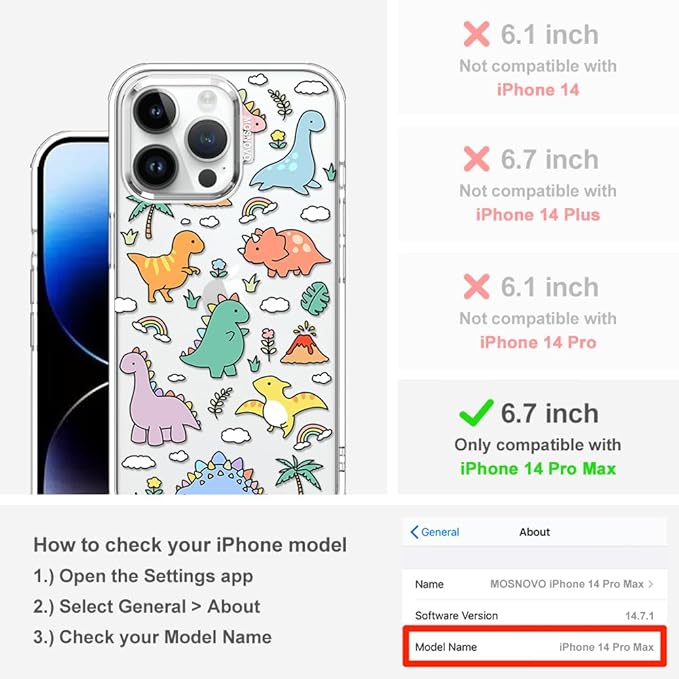 MOSNOVO for iPhone 14 Pro Max Case | Military Grade 6.6ft Drop Tested | Clear with Dinosaur Land Design