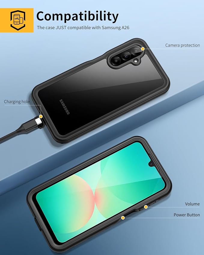 Lanhiem for Samsung Galaxy A26 Phone Case, IP68 Waterproof Dustproof, Built-in Screen Protector, Rugged Full Body Shockproof Protective Cover for Samsung A26 6.7", Black
