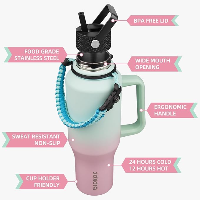 BJPKPK Insulated Water Bottles with Straw Lid, 35oz Metal Water Bottle with 2 lids & Paracord Strap, Double Wall Stainless Steel Tumbler with Handle, Reusable Cups, Mugs, Thermo, Marshmallow