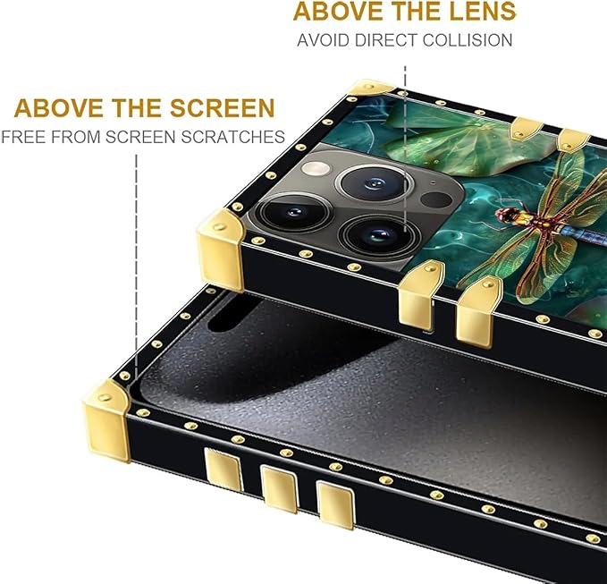 Compatible with iPhone 16 Pro Max Case, Colourful Dragonfly Pink Lily Pads Luxury Golden Decoration for Girl Women Soft TPU Shockproof Protective Hard PC Back