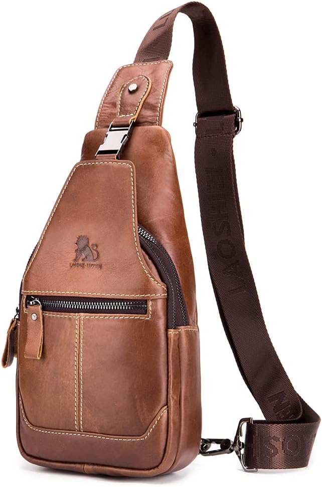 Hebetag Leather Sling Bag Crossbody Backpack for Men Women Outdoor Travel Camping Hiking Shoulder Chest Day Pack Casual Daypack, Brown