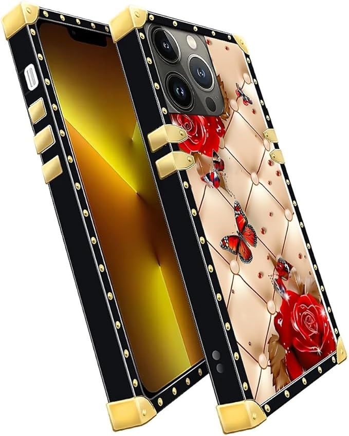 Compatible with iPhone 13 Pro Case, Shining Red Rose Butterfly Leather Background Luxury Golden Decoration for Girl Women Soft TPU Shockproof Protective Hard PC Back for iPhone 13 Pro