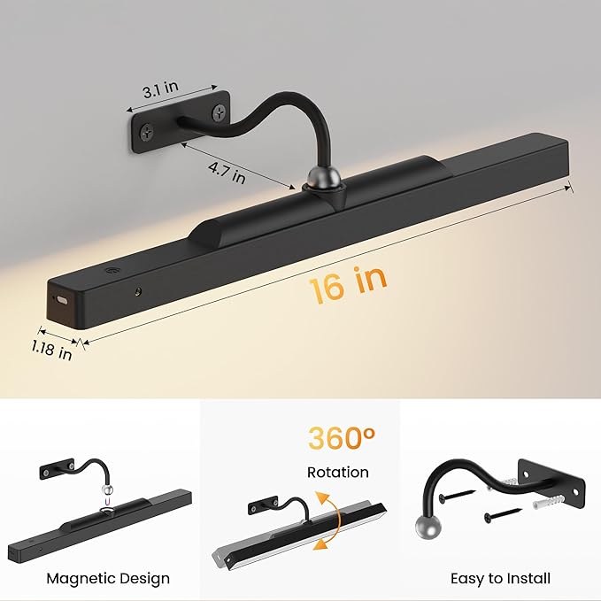 Dimmable Cordless Picture Light for Wall 16n, 5000mAh Rechargeable Battery Wall Sconce Art Light, CRI 95+ 350LM Wall Light for Gallery Artwork, Paintings, Photo, Portraits - Black