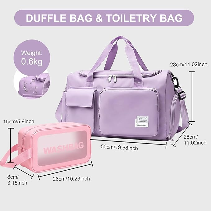 Suruid Gym Bag for Women Men, Travel Duffle Bag Large Capacity Carry On Weekender Bag With Shoe Compartment Gym Tote Dry Wet Separation Duffel Bag with Makeup Bag, Purple