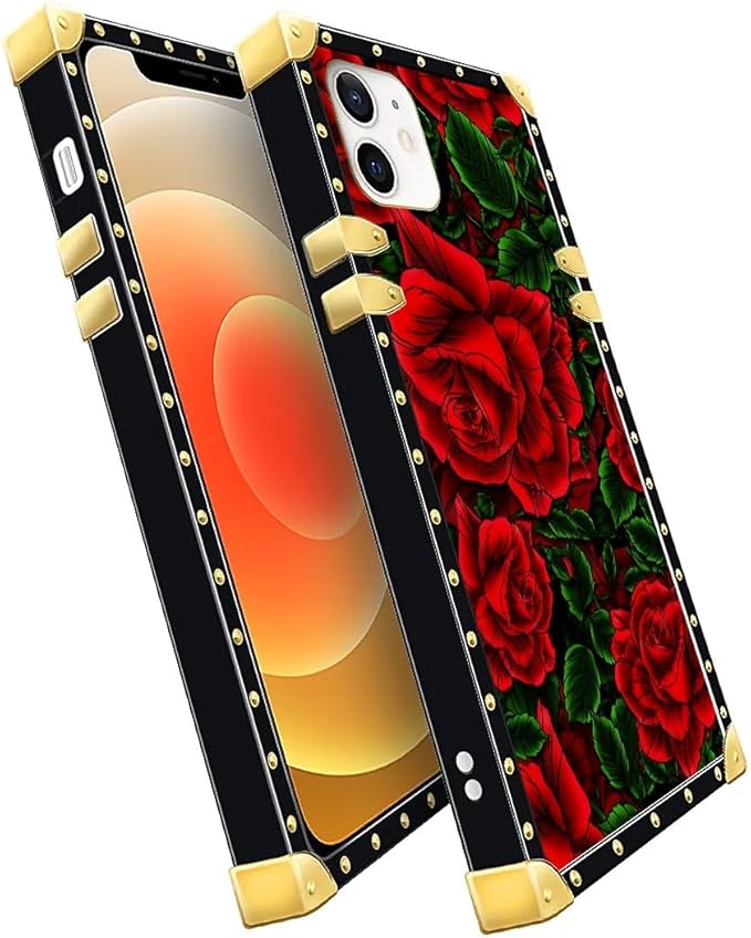 Compatible with iPhone 11 Case, Vector Red Rose Green Leaf Luxury Golden Decoration for Girl Women Soft TPU Shockproof Protective Hard PC Back for iPhone 11