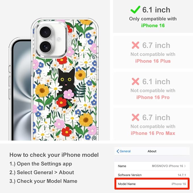 MOSNOVO Case for iPhone 16, [Buffertech 6.6ft Military-Grade Drop Protection] [Anti Peel Off Tech] Clear TPU Bumper Phone Case Cover Design - Black Cat in Garden