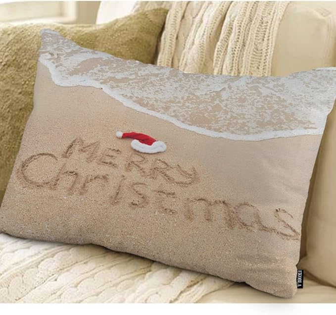 EKOBLA Merry Christmas Decorative Pillow Cushion Covers Xmas Quote Written On Tropical Beach Sand Oblong Rectangle Throw Pillow Cases for Sofa Bed Couch Cotton Linen 12x20 Inches