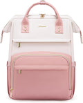 LOVEVOOK Leather Backpack for Women, 15.6 Inch Laptop Bag, Professional Work Tote for Nurse College Teacher, Computer Travel Purse, Beige White-Pink