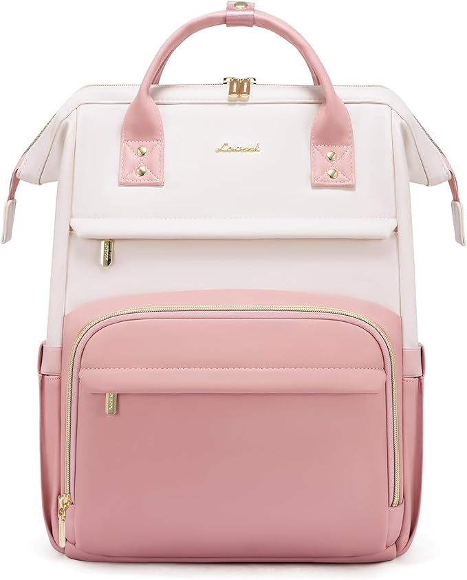 LOVEVOOK Leather Backpack for Women, 15.6 Inch Laptop Bag, Professional Work Tote for Nurse College Teacher, Computer Travel Purse, Beige White-Pink