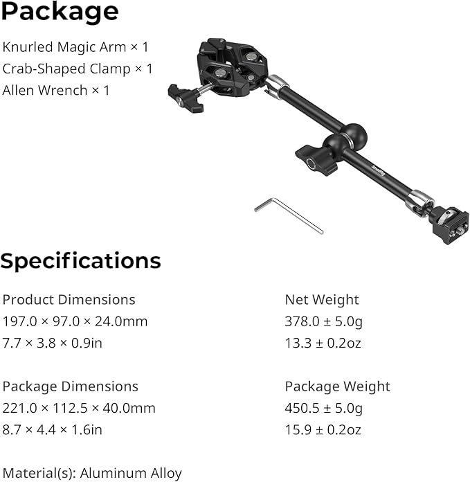 SMALLRIG 12.9 Inches Magic Arm Clamp, with 1/4'' Screw & Anti-Deflection Retractable Pin, Clamp Mount for GoPro/for Insta360 /for DJI Action/for DSLR/for Light/for Monitor/for Phone - 5312
