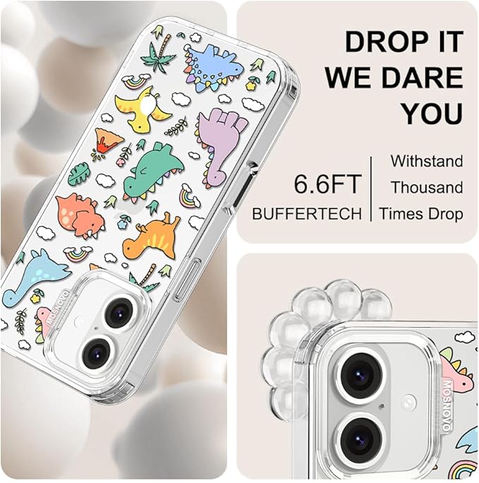 MOSNOVO Case for iPhone 16, [Buffertech 6.6ft Military-Grade Drop Protection] [Anti Peel Off Tech] Clear TPU Bumper Phone Case Cover Design - Dinosaur Land