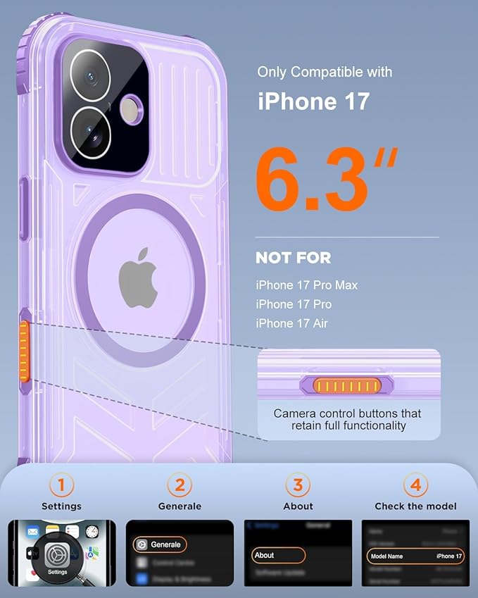 for iPhone 17 Waterproof Case with Magsafe, Built-in [Camera & Screen Protector] [Lanyard], IP68 Water Proof Full Body Dustproof Heavy Duty Frosted Protective Phone Cover, 6.1" Purple