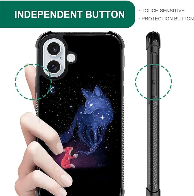 for iPhone 16 Plus Case, Galaxy Fox Wolf Pattern Graphic Design Girl Boy Soft Silicone Hard Acrylic Shock Protection for iPhone 16 Plus