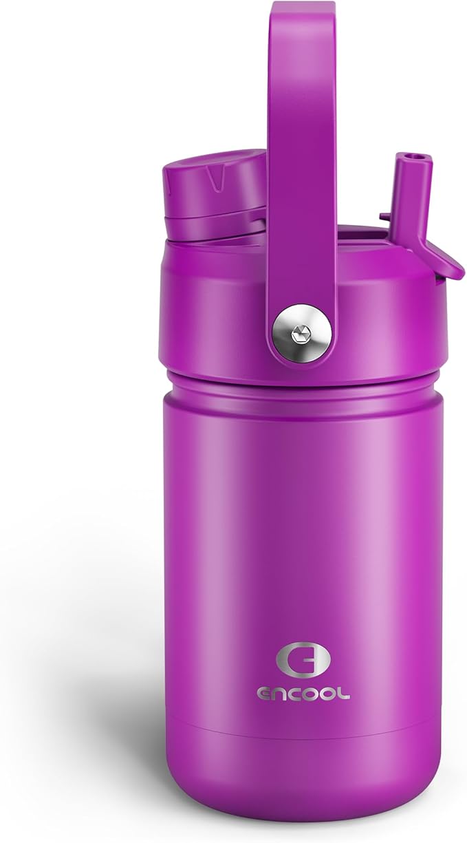 Kids Insulated Water Bottle with Straw - 12oz Stainless Steel Water Bottle with Dual Spouts, Leak-Proof, BPA-Free, Double Wall Vacuum Keeps Cold for 24 Hours for Sports, Travel (Bright Magenta)