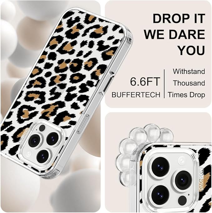 MOSNOVO Case for iPhone 16 Pro Max, [Buffertech 6.6ft Military-Grade Drop Protection] [Anti Peel Off Tech] Clear TPU Bumper Phone Case Cover Design - Leopard Print