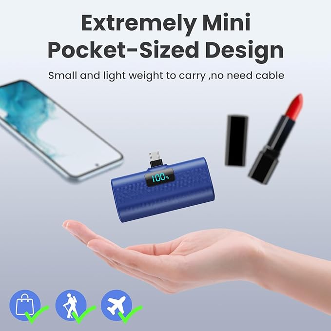 [2-Pack]Small Portable Charger 5200mAh, Upgraded PD USB C Power Bank Built-in USB-C Connector,LCD Display Battery Pack Compatible with iPhone 15/15 Plus/15 Pro/15 Pro Max/Samsung Android(Blue+Purple)