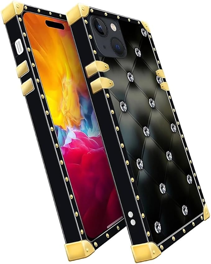 Compatible with iPhone 15 Case, Shiny Black Sofa Crystal Luxury Golden Decoration for Girl Women Soft TPU Shockproof Protective Hard PC Back for iPhone 15