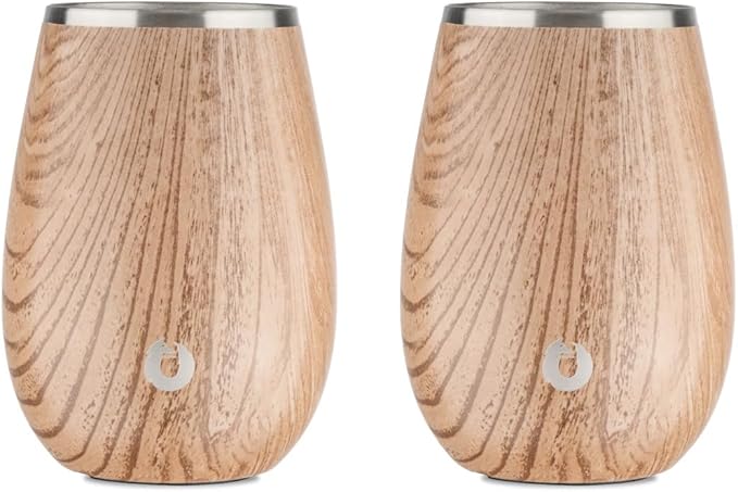 SNOWFOX Premium Vacuum Insulated Stainless Steel Classic White Wine Glass, Set of 2, Chilled Wine Stays Cold, Lightweight Stemless Cocktail Glass, Elegant Home Entertaining Barware, 8oz, Natural Teak